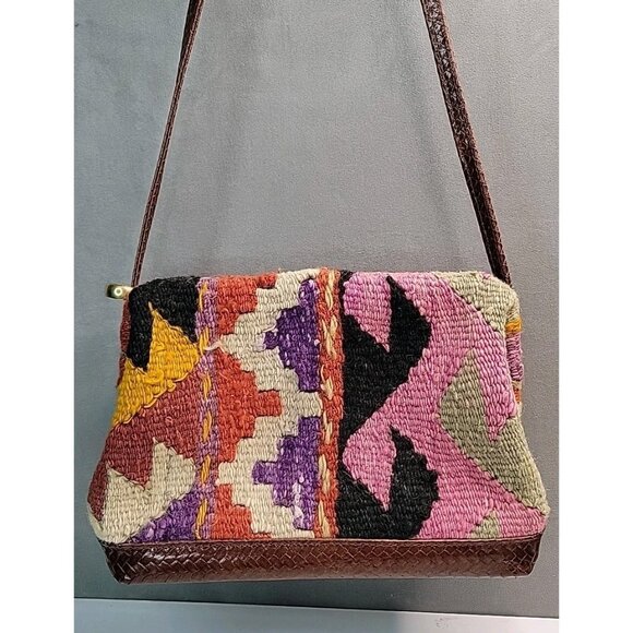 Vtg RARE T. Cappelli Plano Texas Handbag Shoulder Crossbody Purse Southwest Rug - Picture 2 of 16